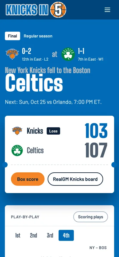 Knicks In 5 home screen with the latest score and the play-by-play