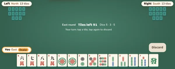 Mahjong Globe table with a hand of tiles in front of the player and two opponents at the sides