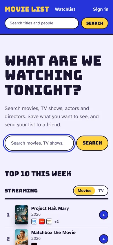Movie List home screen with a search box and this week's top ten movies