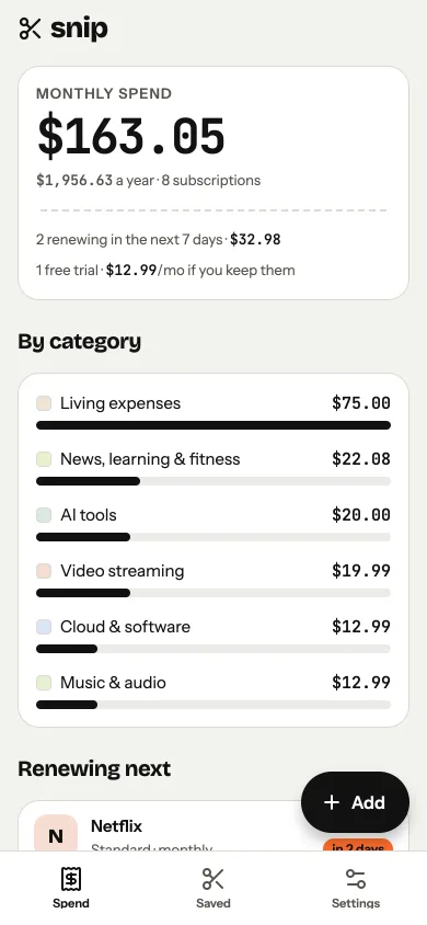 Snip home screen showing monthly spend by category and the next renewals